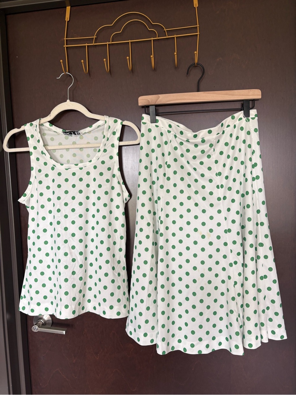Vi rage Green Polka Dot Midi Skirt and Tank set - White & Green